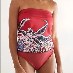 Free People red paisley tube top bodysuit NWT! Med